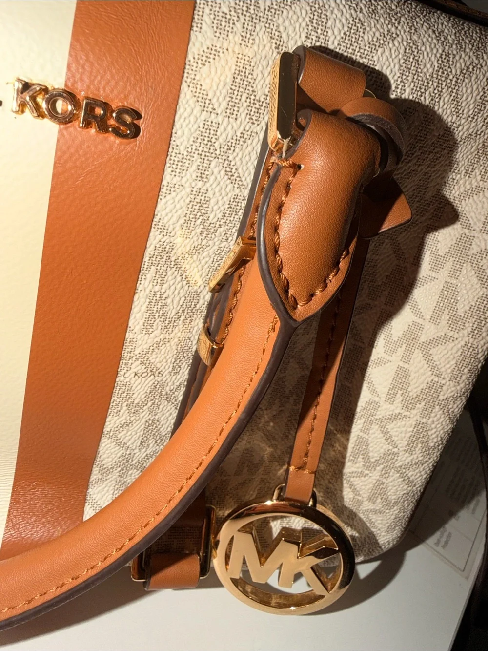 Michael Kors Tan and White Signature Stripe Satchel
